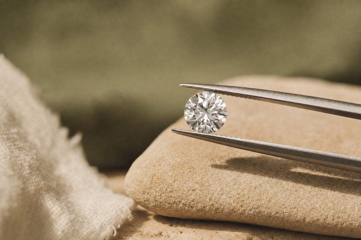 Round brilliant lab-grown diamond held in tweezers