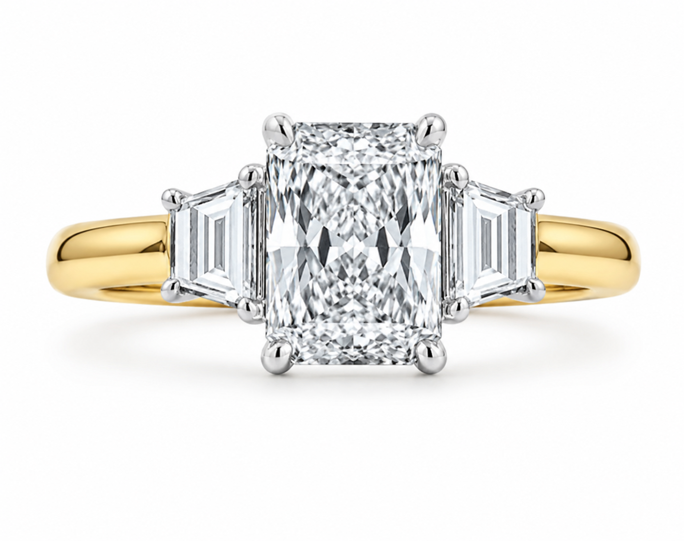 14K Yellow Gold 4.08ctw Radiant Lab Grown Three Stone Diamond Engagement Ring