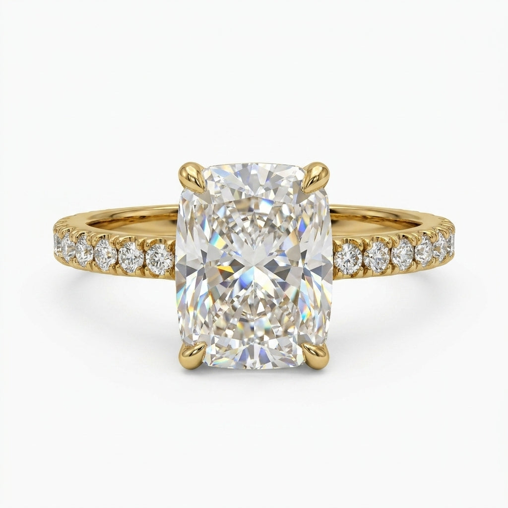 14K Yellow Gold 4.00ctw Retangular Cushion Lab Grown Pave Diamond Engagement Ring