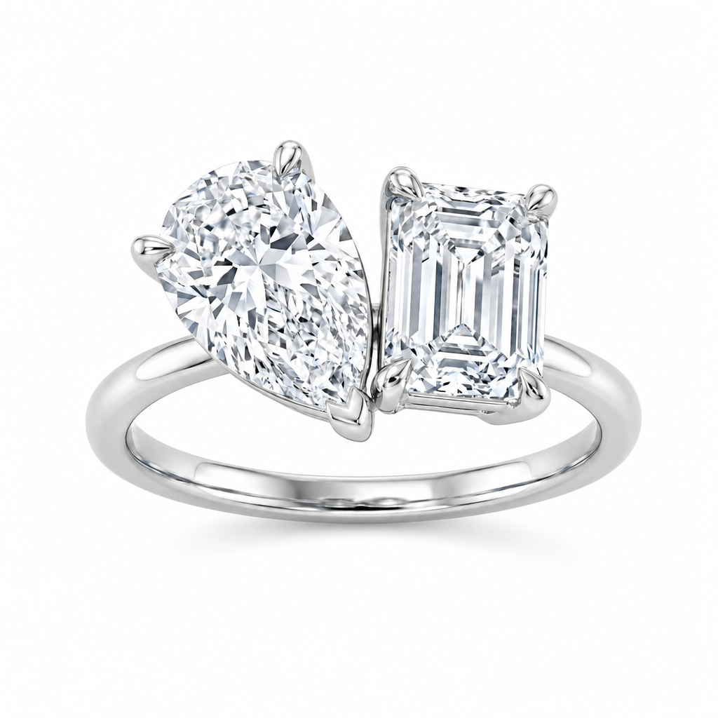 14K White Gold 2.04ctw Emerald Lab Grown Two Stone Diamond Engagement Ring