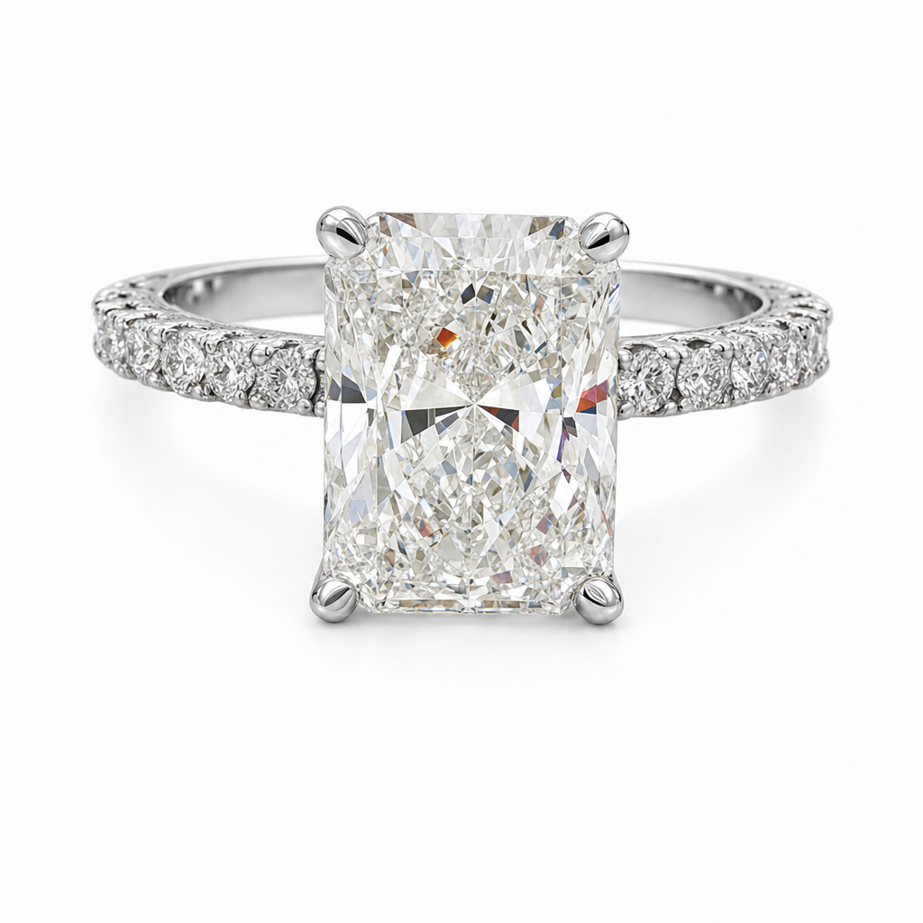 14K White Gold 3.50ctw Emerald Lab Grown Pave Diamond Engagement Ring
