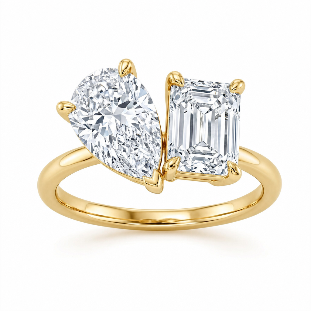 14K Yellow Gold 2.07ctw Emerald Lab Grown Two Stone Diamond Engagement Ring