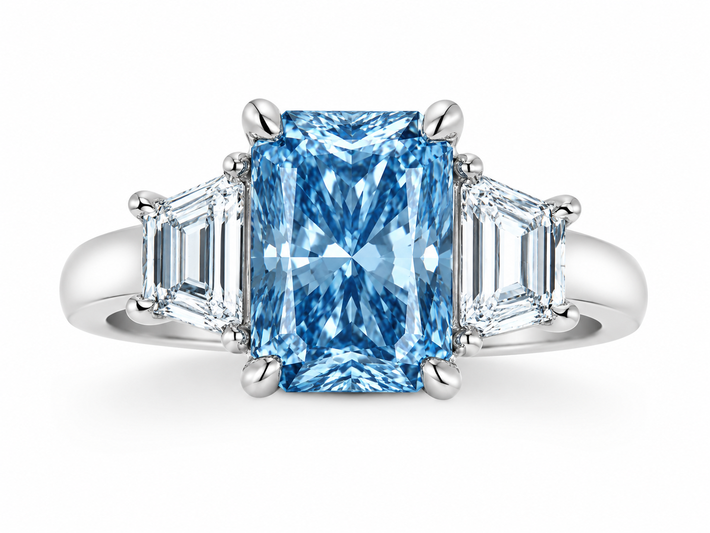 14K White Gold 3.00ctw Radiant Lab Grown Three Stone Diamond Engagement Ring