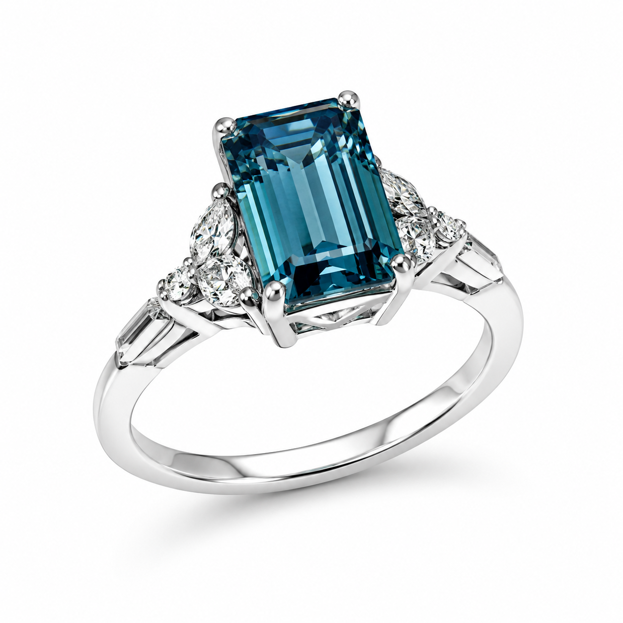 14K White Gold 5.00ctw Emerald Lab Grown Three Stone Diamond Engagement Ring