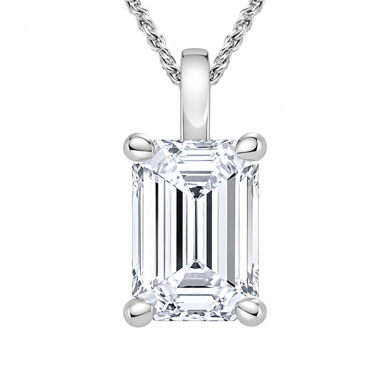 Solitaire 10K White Gold Emerald, Lab Grown, Diamond, Pendant