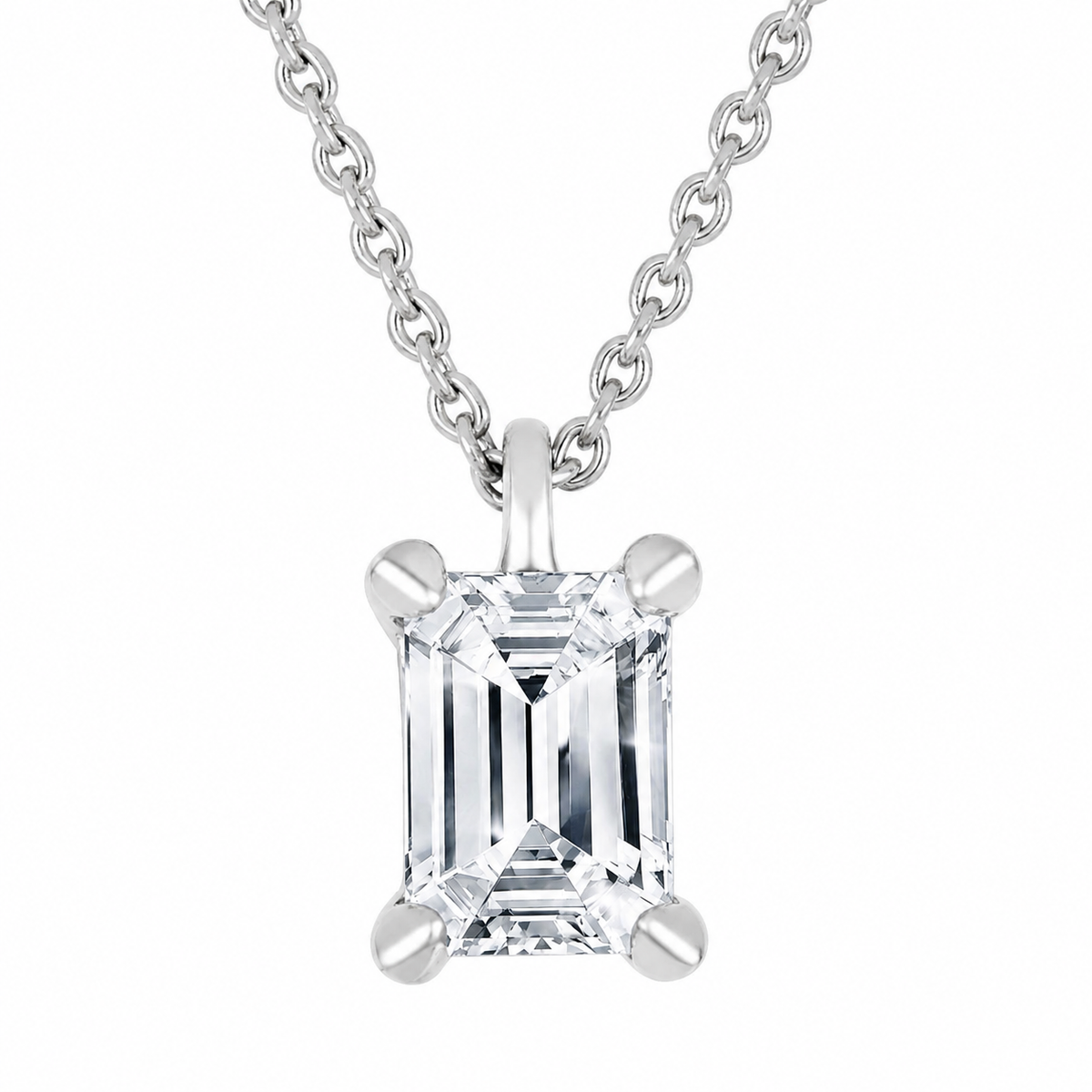 Solitaire 14K White Gold Emerald, Lab Grown, Diamond, Pendant