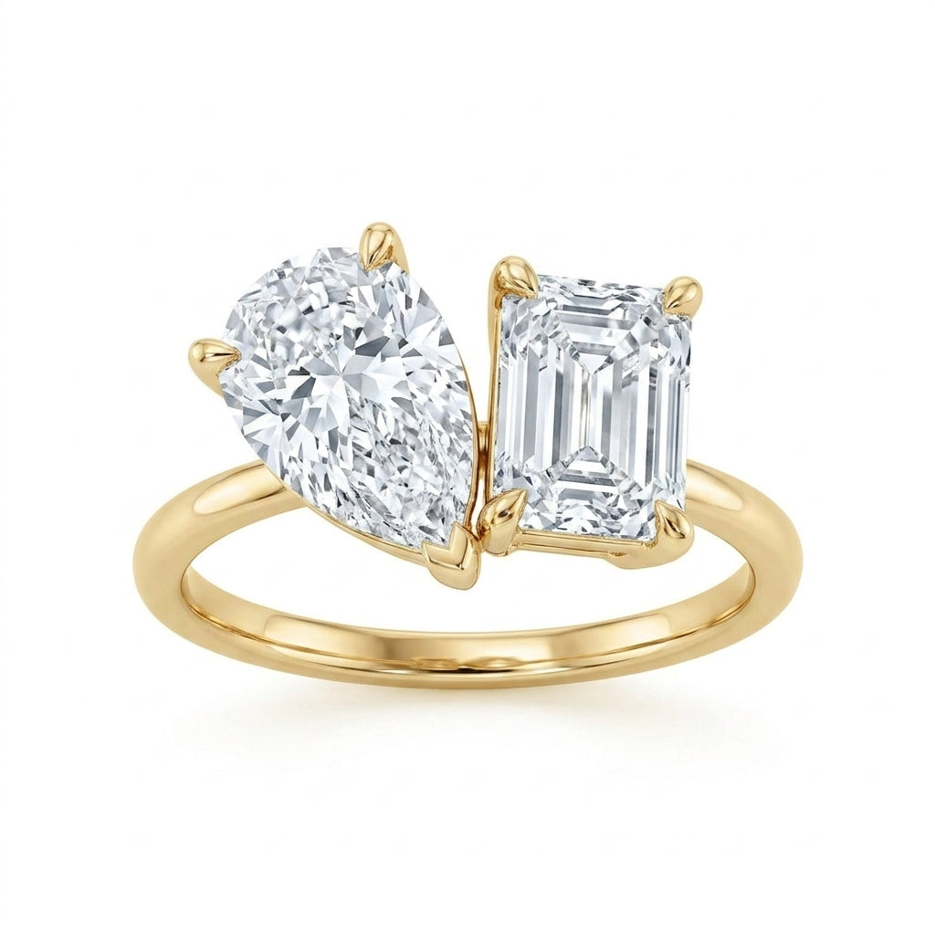14K Yellow Gold 2.07ctw Emerald Lab Grown Two Stone Diamond Engagement Ring