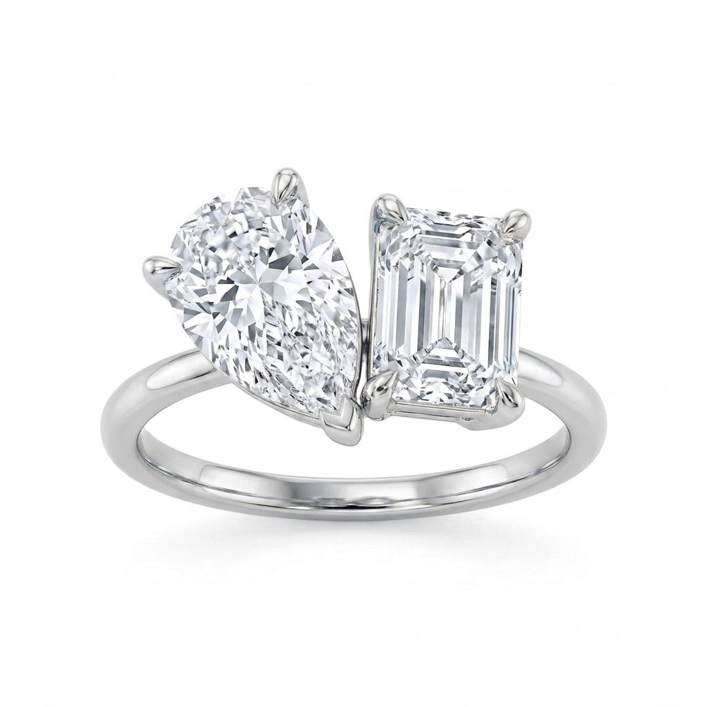 14K White Gold 2.04ctw Emerald Lab Grown Two Stone Diamond Engagement Ring